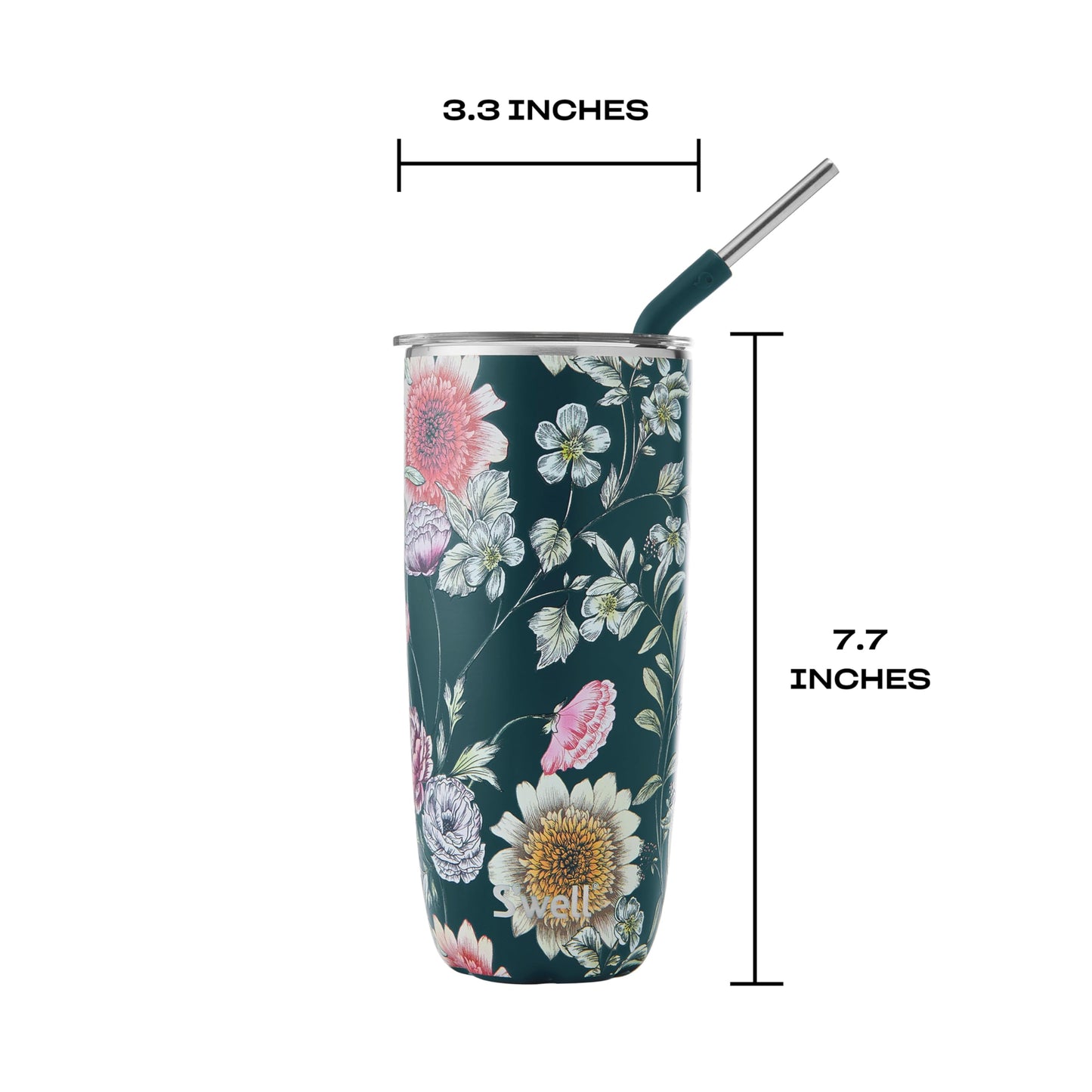 S'well Stainless Steel Tumbler with Straw and Slide-Open Lid, 24oz, Midnight Botanical Triple Layered Vacuum Insulated Containers Keeps Drinks Cold for 18 Hours and Hot for 5, BPA Free