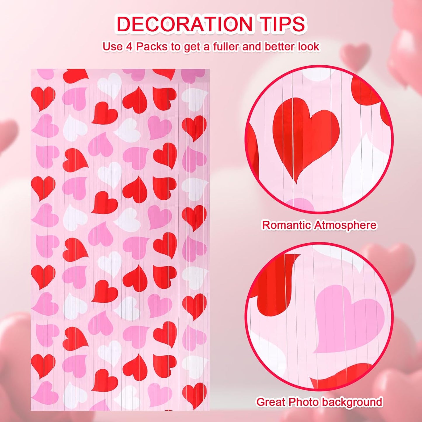 Mega-L Birthday Party Decorations - 2 Pack Red Pink White Heart Foil Fringe Curtains | 3.3X6.6 ft Tinsel Backdrop