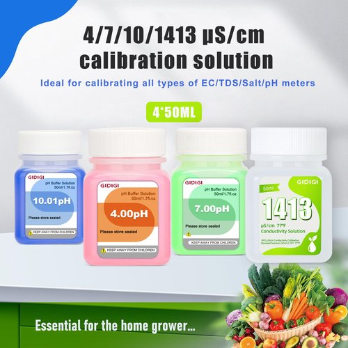GIDIGI Calibration Buffer Solution kit 4/7/10 and 1413µS/cm, TDS/EC Standard Solution for Calibrating pH Meter TDS Tester EC Salinity Multifunction Meter, Suitable for Hydroponics, Aquaponics, Lab