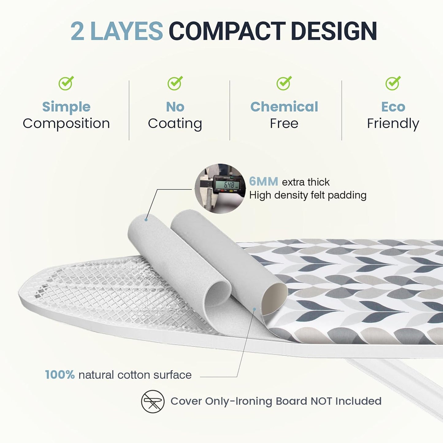 UniSimp Ironing Board Cover - Extra Thick Natural Cotton, Scorch & Stain Resistant | 18"x49" Foliage Design