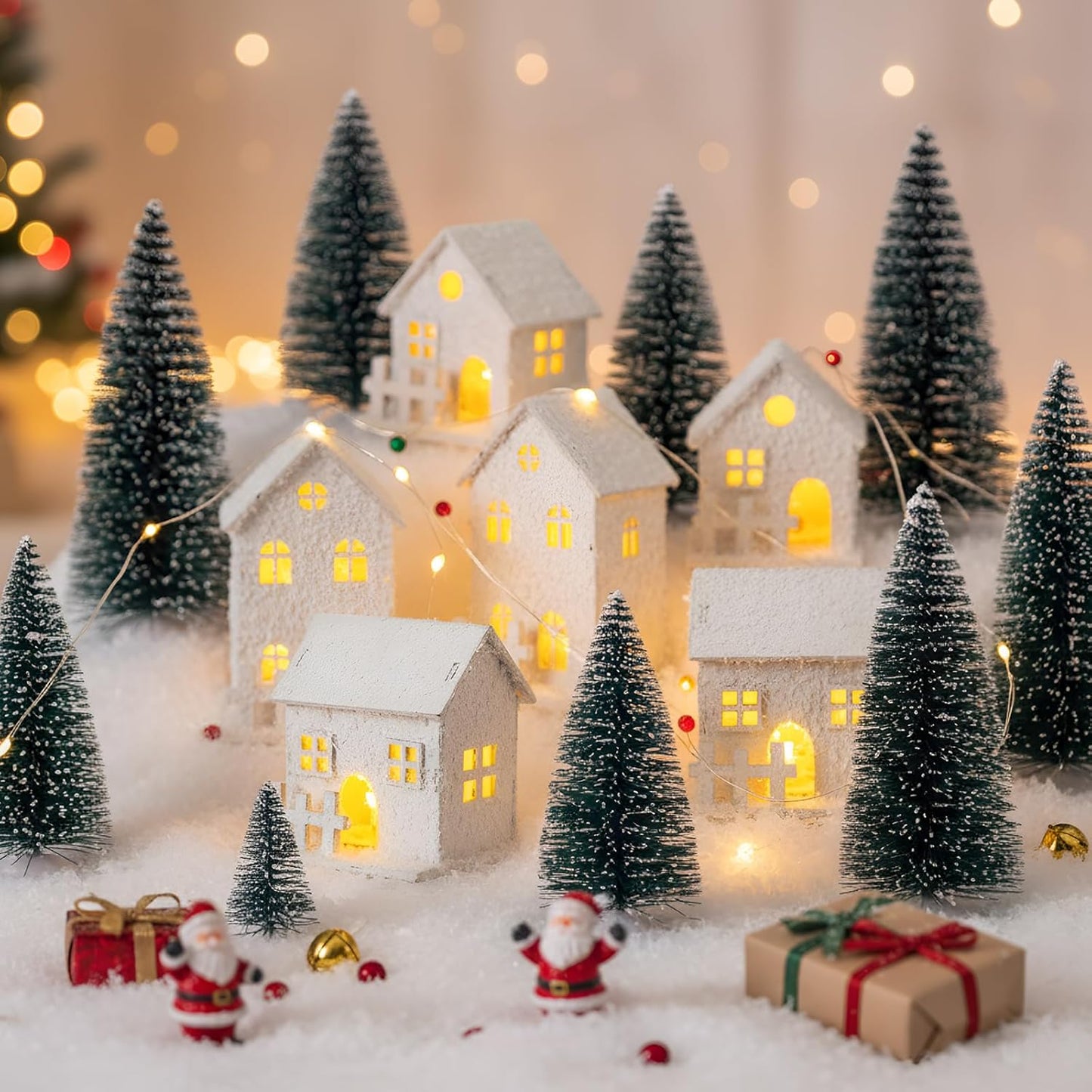 Kajaia Christmas Winter Village Set - 12 Houses with LED Lights & Trees | Cute White Figurines
