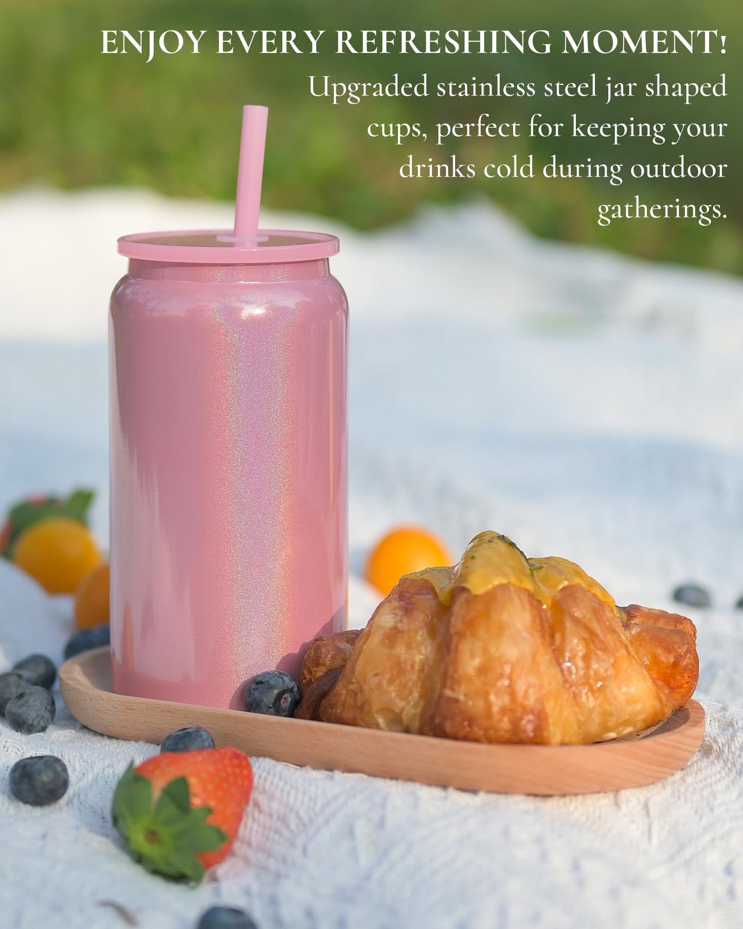UIRZOTN 6Pack Glass Cups with Lids and Straws, 16oz Stainless Steels Cups, Beer Cup, Iced Coffee Cups, Smoothie Cup, Sublimation Tumbler (Shiny Polished Finish, Sublimatable)