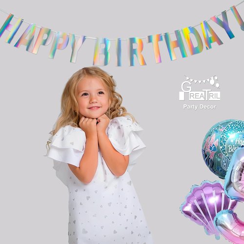GREATRIL Holographic Happy Birthday Banner - Pre-Strung Iridescent Party Decoration | Colorful Bunting Signs