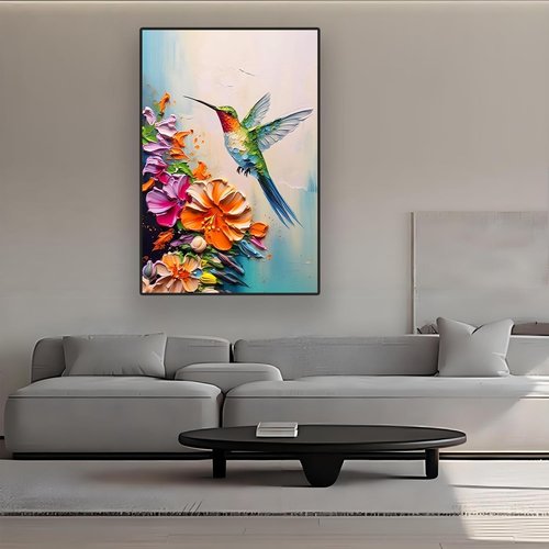 **Regine Switzerland Hummingbird Wall Art - Colorful Spring Flowers Canvas Print | 16x24 in Stretched Frame**