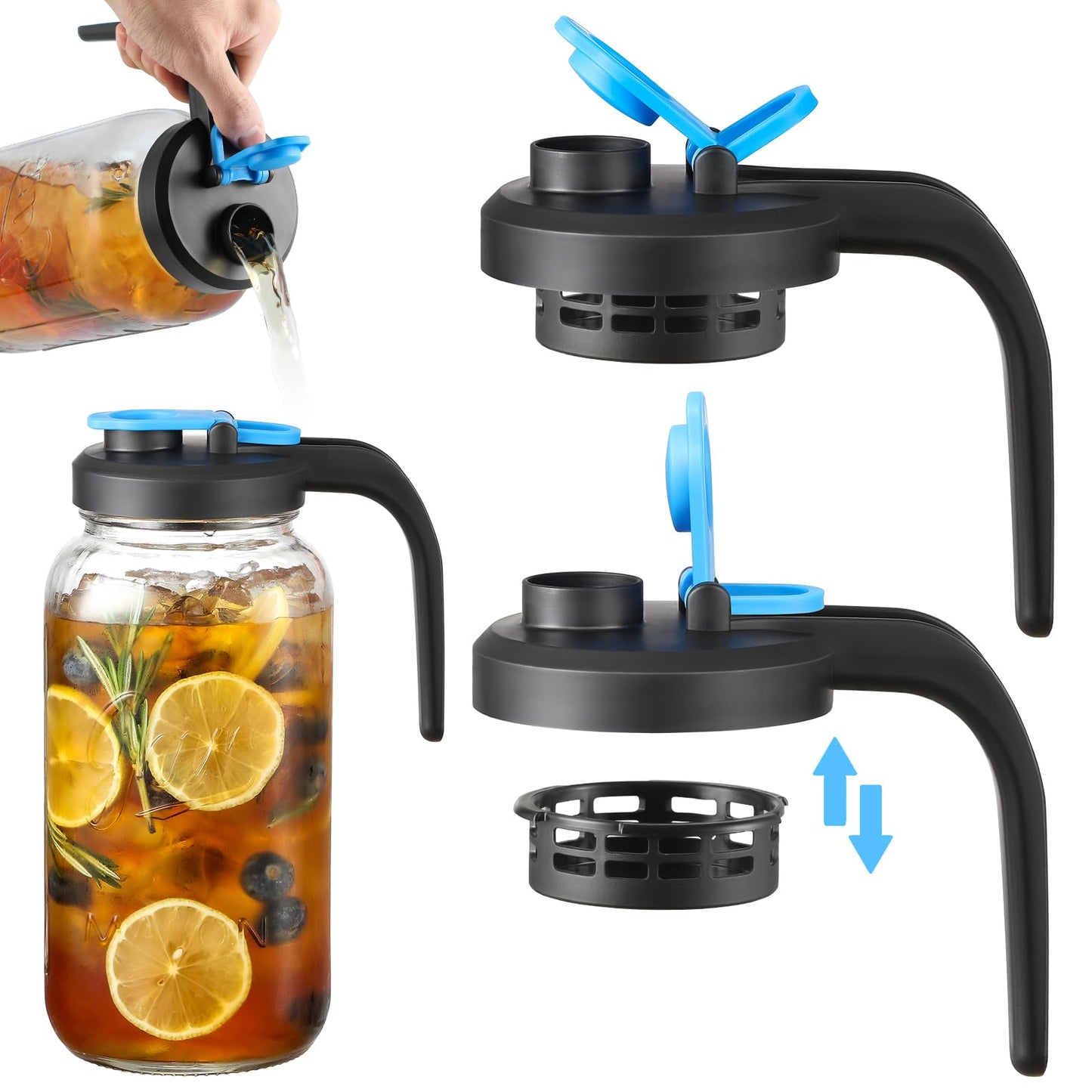 [UPGRADED LID] Wide Mouth Mason Jar Pour Spout Lids with Detachable Filters - 2 Pack Flip Top Pitcher Lids with Handle for Ball, Kerr & Others- Leak Proof Seal Cover Cap, Dishwasher Safe, Food Grade