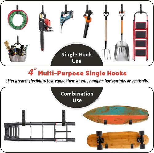 **Skiennix Heavy Duty Garage Hooks - 6 Pack 4-Inch Wall Mount Tool Organizers | Holds Up to 55 lbs**