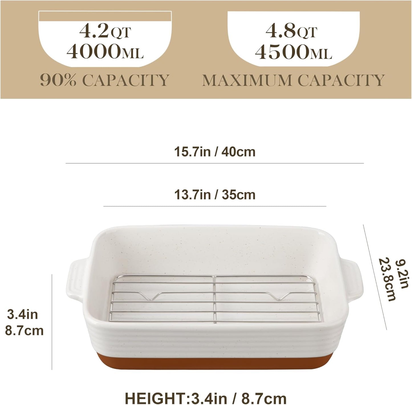 MALACASA 4.8 Qt Ceramic Baking Dish - Deep Roasting Pan with Stainless Steel Rack & Handles | Khaki & White