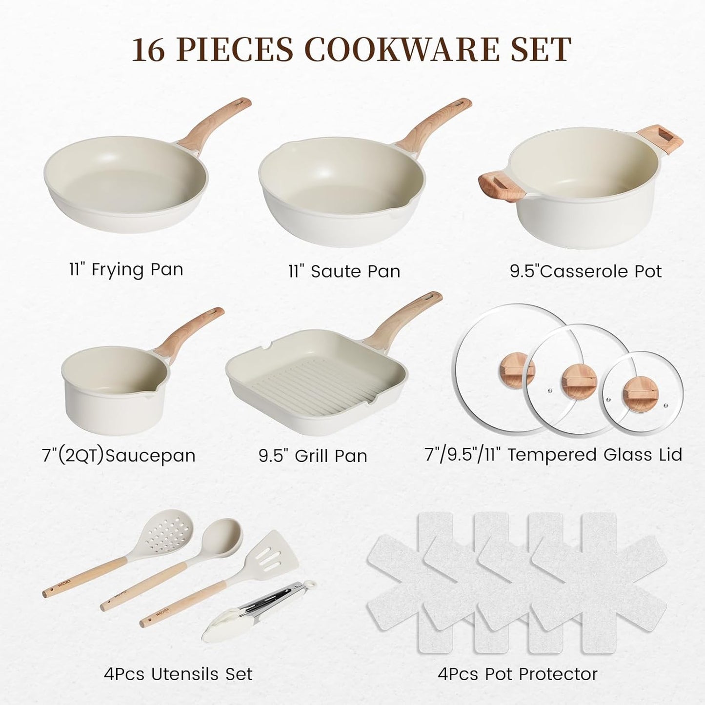 Kikcoin 16-Piece Non-Stick Ceramic Cookware Set - Induction-Ready Kitchen Pots & Pans, White