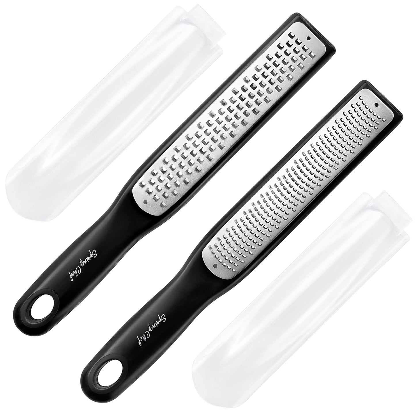 Spring Chef Premium Lemon Zester Grater with Handle - Ginger, Nutmeg, Garlic Grater - Heavy Duty Kitchen Tool - Stainless Steel Citrus Zester with Blade Cover - Fine & Coarse Shred, Set of 2, Black