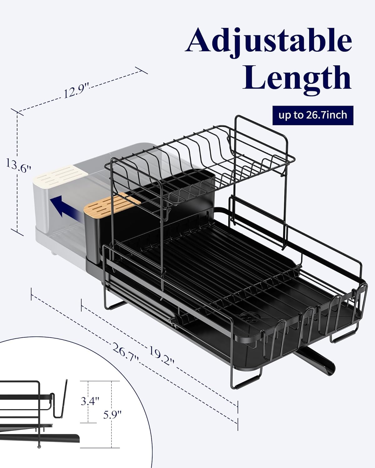 Kitsure Large Dish Drying Rack - Extendable Anti-Rust Kitchen Rack with Cutlery & Cup Holders | 19.2"-26.7" L x 12.9" W x 13.6" H, Black