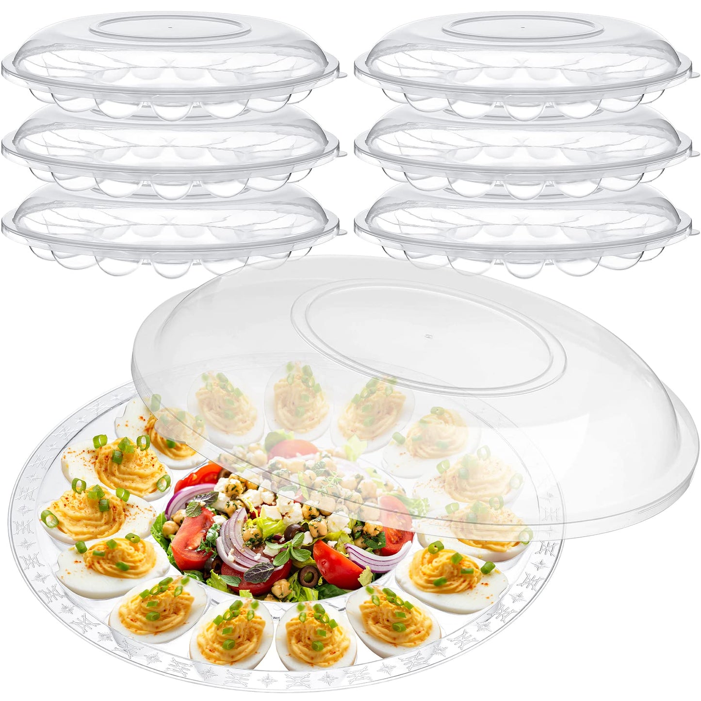 Shellwei 6Pcs Deviled Egg Platter with Lid Container Tray with 15 Slots Reusable Plastic Round Holder for Deviled Eggs, Fruits, Veggies, and Finger Foods 12 Inch