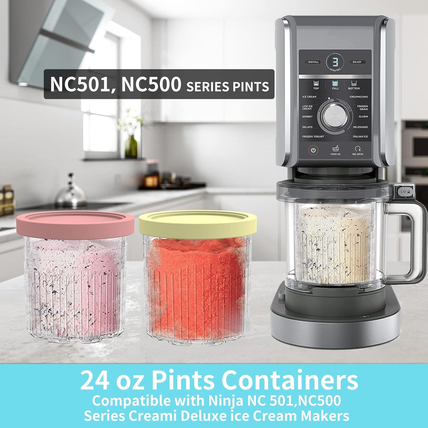 Ninja Creami Pints and Lids - 4 Pack NC501 | Leak-Proof Containers for NC500 Series Ice Cream Makers