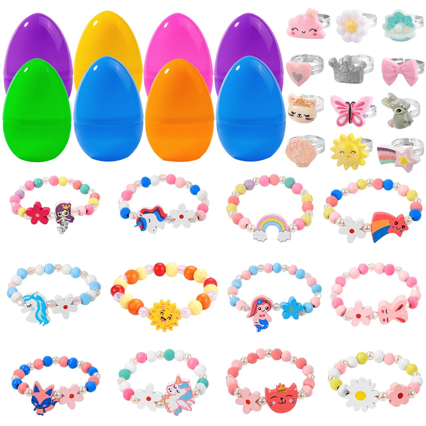 Vellibring 12 Pack Prefilled Easter Eggs with 24pcs Bracelets Rings Easter Basket Stuffers Egg Fillers for Girls Party Favors Kids Toddler Easter Presents