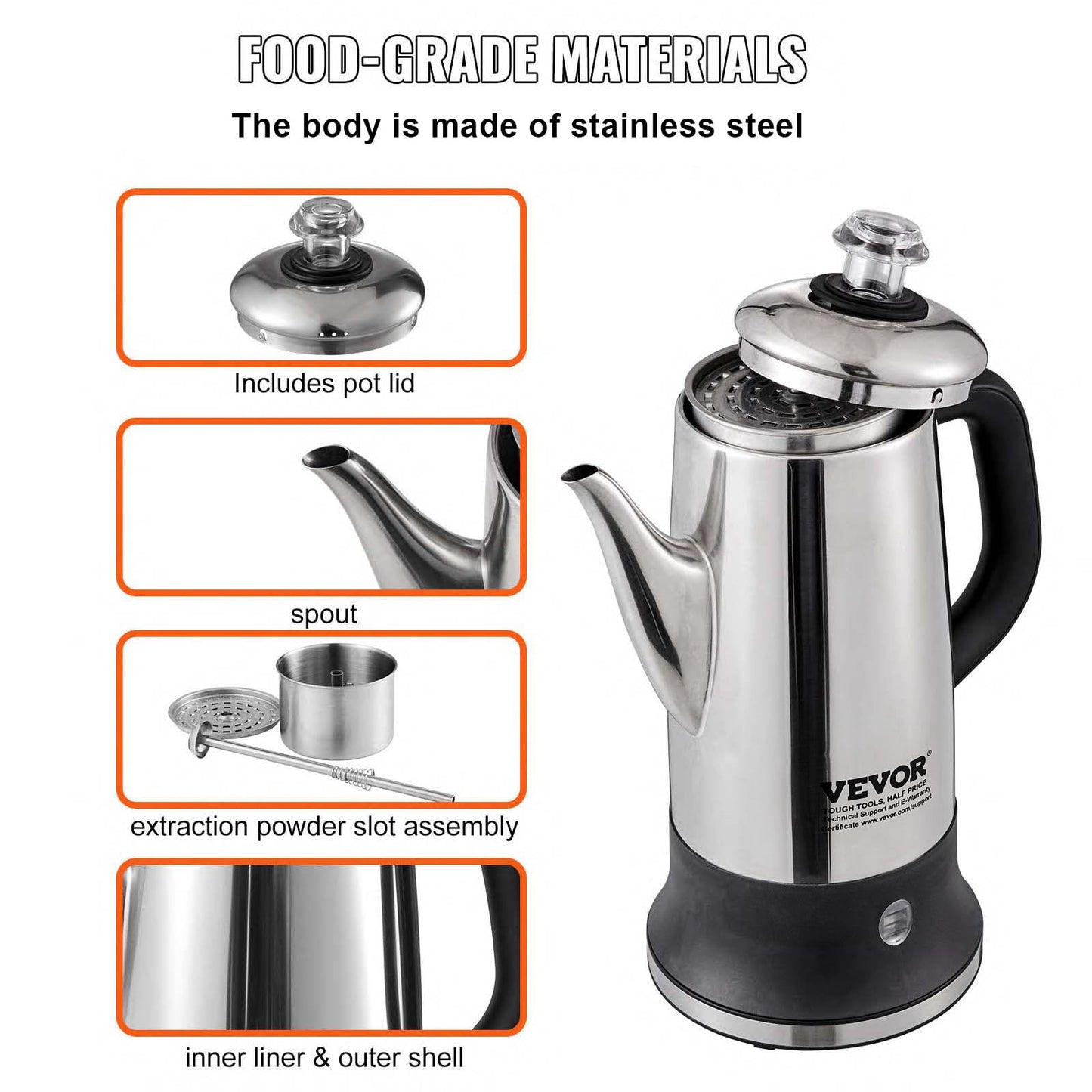 VEVOR 12-Cup Electric Percolator Coffee Pot, 304 Stainless Steel Body Coffee Percolator with Keep Warm Function & Heat-Resistant Handle, Classic Coffee Maker, Quick Brew & Easy-Pour Spout, Silver