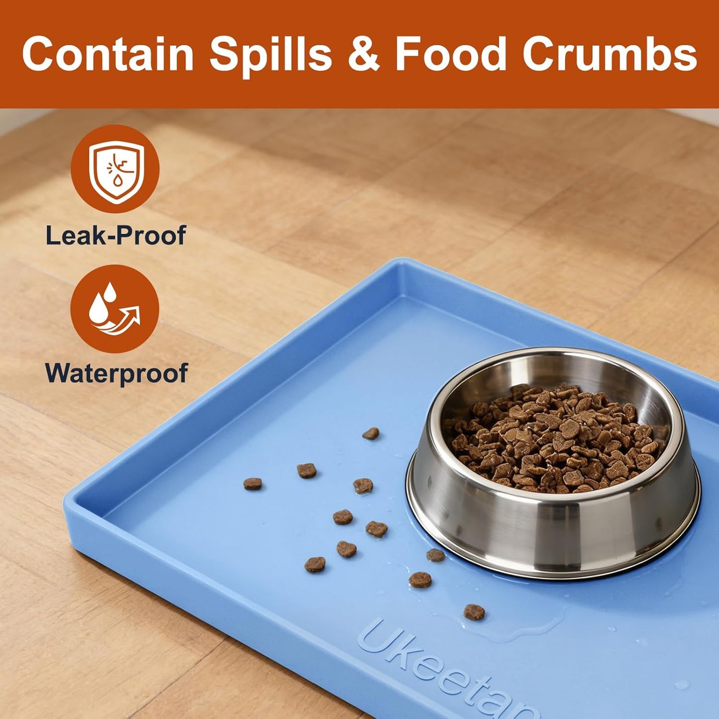 Ukeetap Extra Thick Silicone Dog & Cat Food Mat - Waterproof, Non-Slip, 19” x 12”, Blue