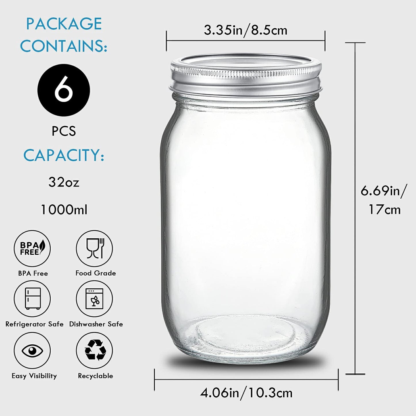 YEBODA 6 Pack Wide Mouth Mason Jars 32oz Glass Canning Jars with Airtight Lids and Bands for Preserving, Jam, Honey, Jelly, Wedding Favors, Sauces, Meal Prep, Overnight Oats, Salad, Yogurt