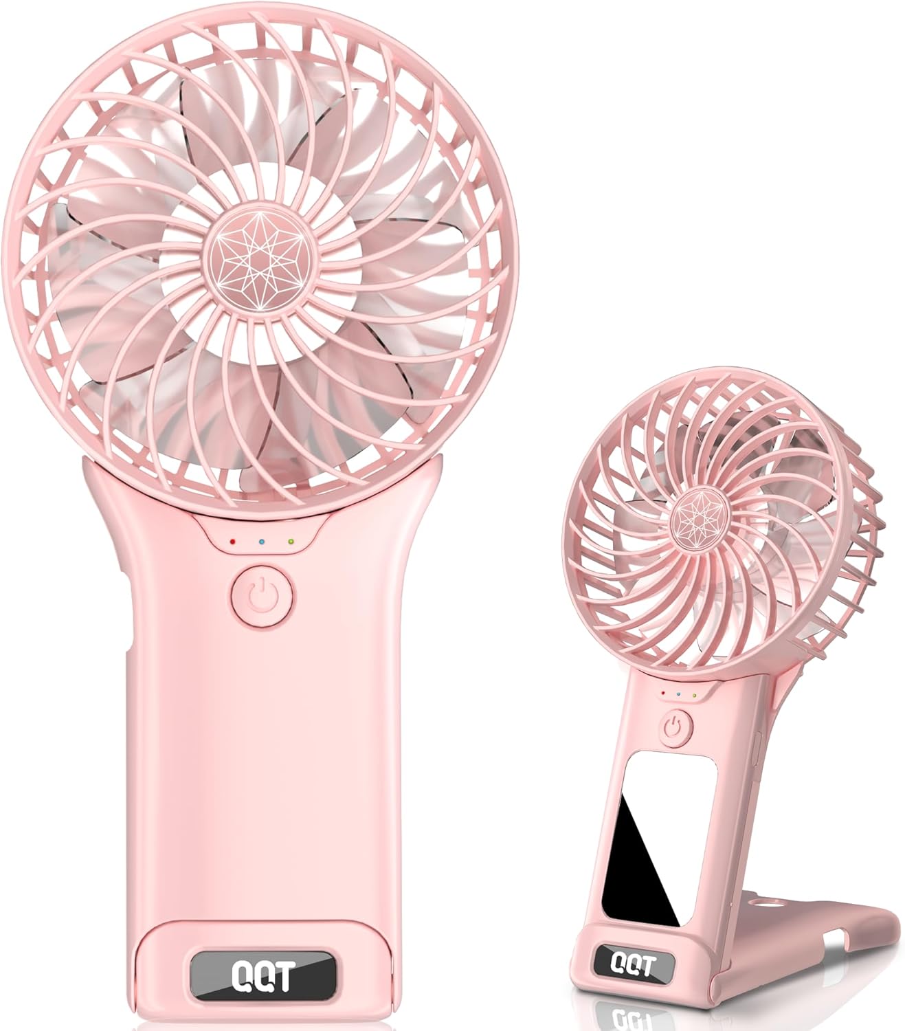 QQT Mini Handheld Fan - 4 Speed Adjustable USB Rechargeable Portable Fan with Mirror | Pink, 20-Hour Battery Life