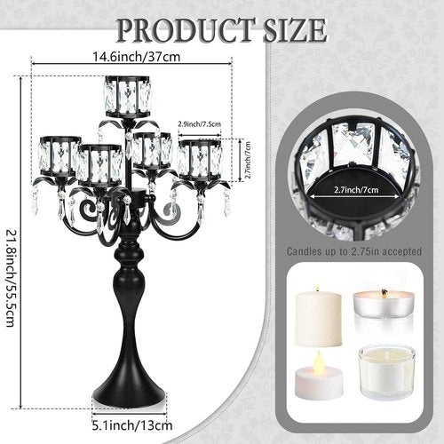 Crystal Candle Holder by [Brand Name] - 5-Arm Black Metal Design | 22-Inch Tall Wedding Centerpiece