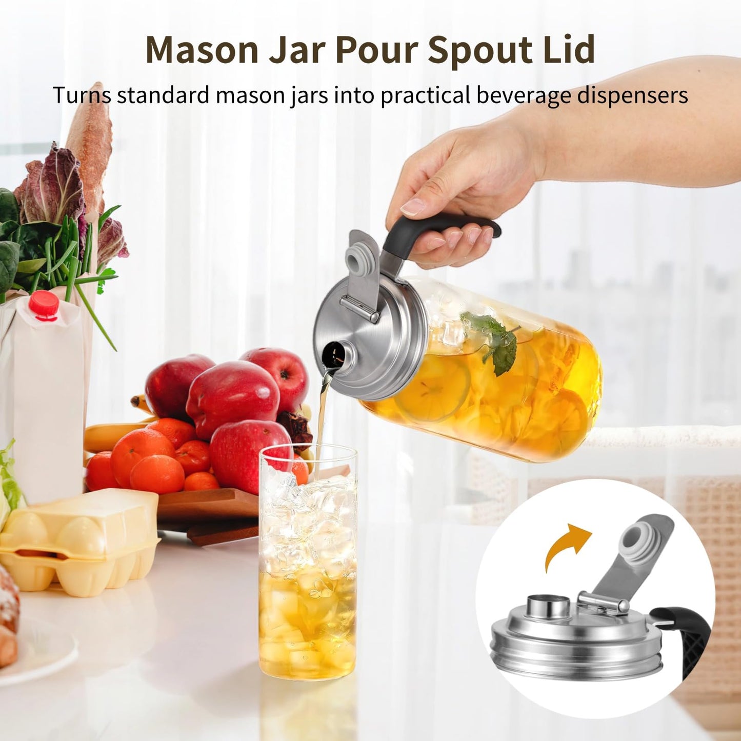 Toyosport 6 Pack Mason Jar Pour Spout Lids, Stainless Steel Flip Cap Lid with Non-Slip Long Handle, Sealed Mason Jar Lids for DIY Drinks Pickles Grains