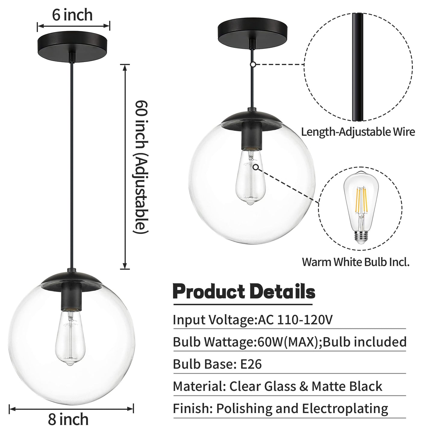 KoKo&Yukina 8 inch Globe Pendant Lighting for Kitchen Island Mid Century Modern Hanging Light Fixture with Clear Globe Glass Black Industrial Hanging Ceiling Lights for Bathroom Entryway (Bulb Incl.)