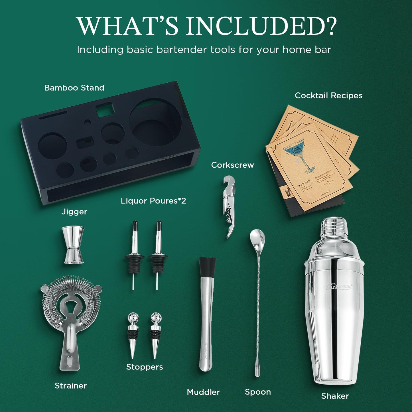 KITESSENSU Cocktail Shaker Set with Stand | Mixology Bartender Kit Bar Set with Essential Bar Accessories for Home Bar: Martini Shaker, Jigger, Muddler, Bar Spoon | Drink Mixer Cocktail Kit
