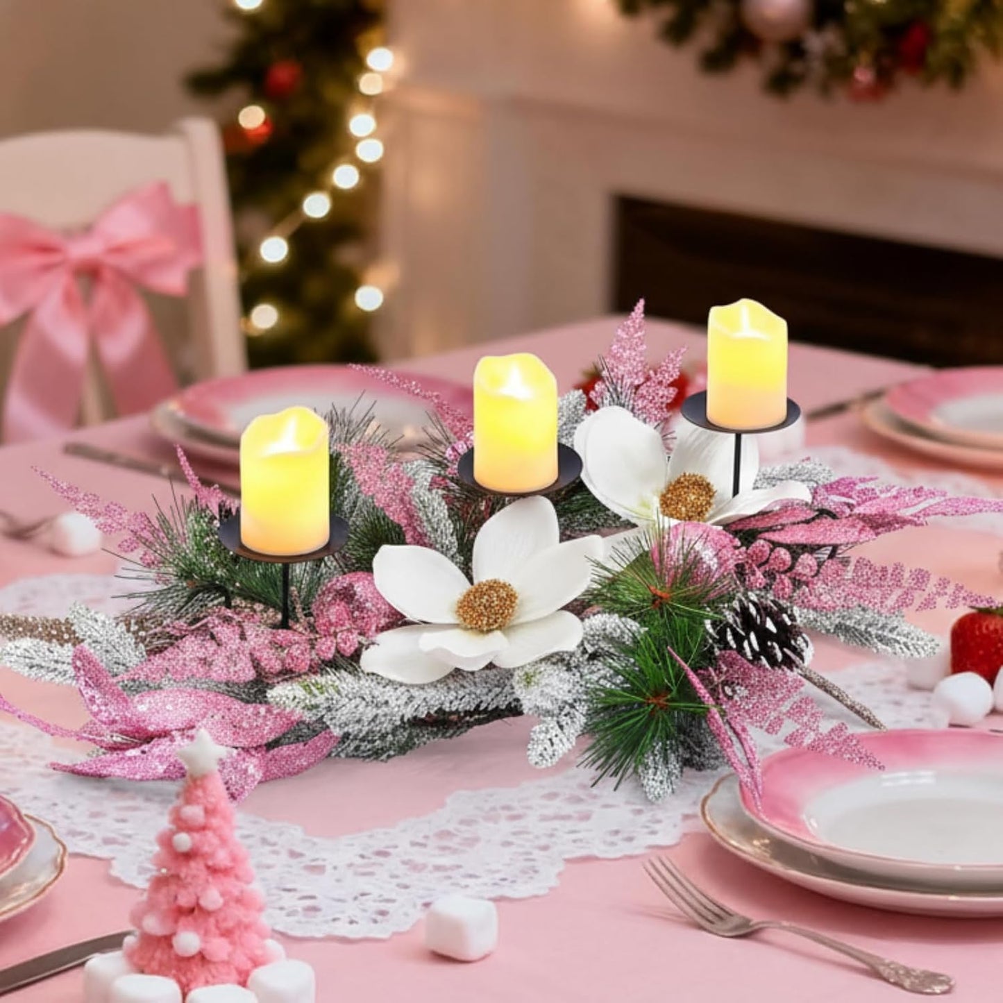 Maxdot Pink Christmas Candle Holder - Elegant Metal Poinsettia Design | Perfect Table Centerpiece for Holiday Decor
