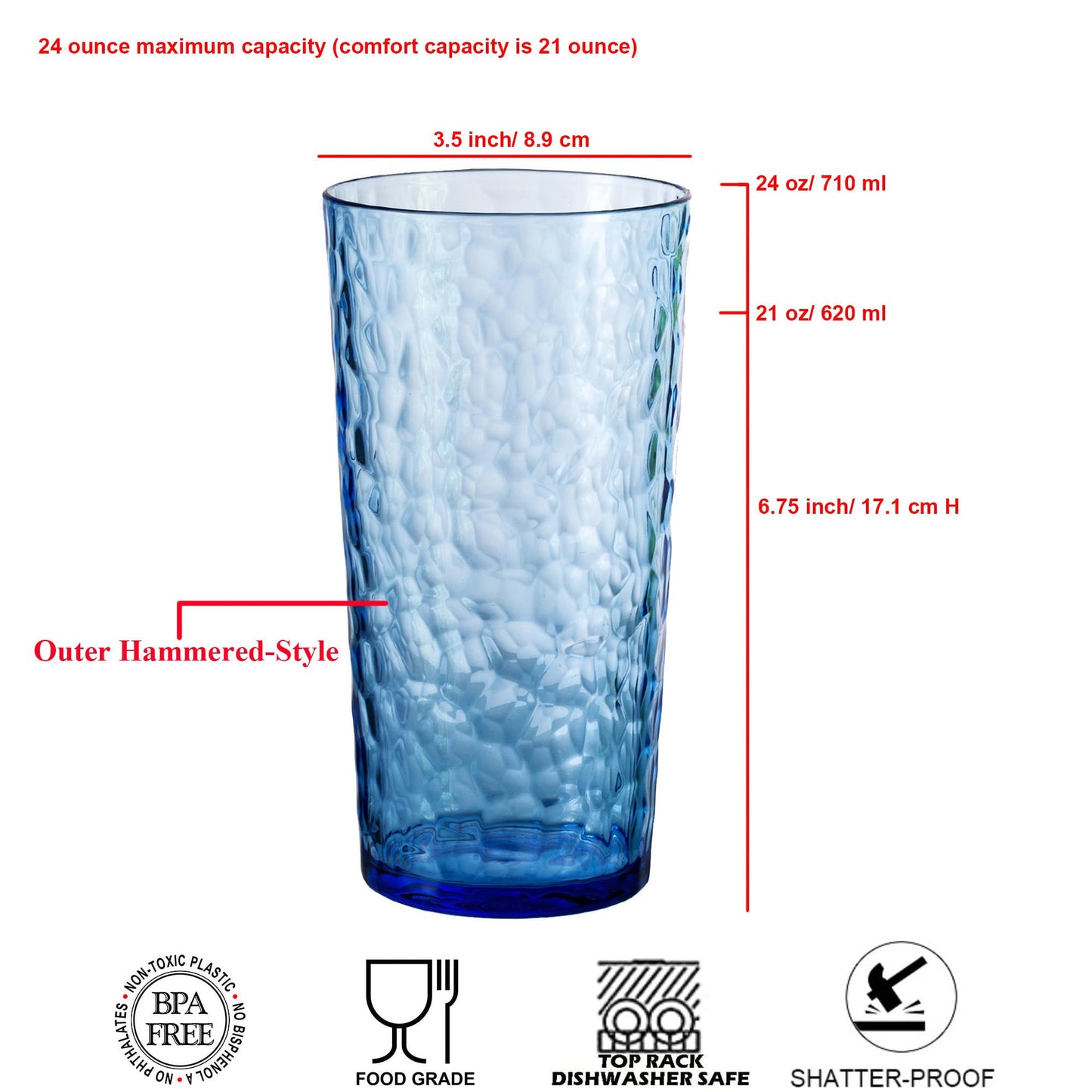KOXIN-KARLU Hammered 24-ounce Plastic Tumbler Acrylic Glasses Drinking Cups, set of 6 Multicolor