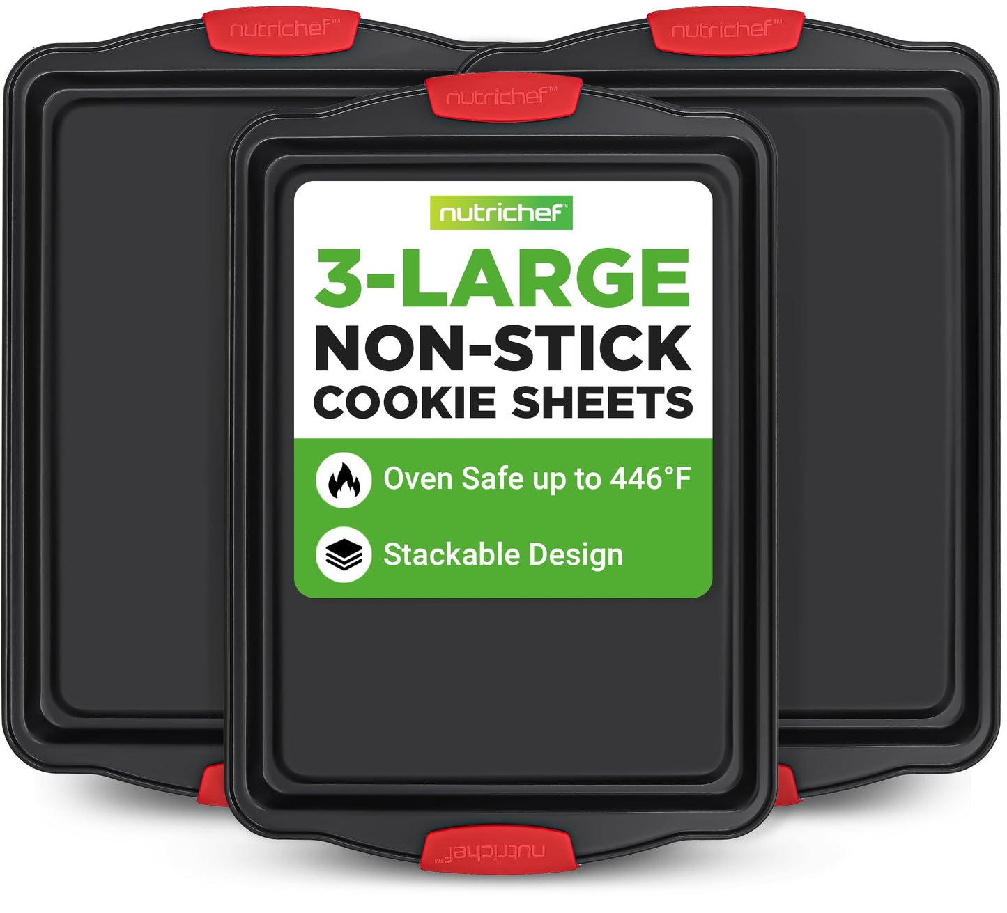NutriChef 3-Piece Large Nonstick Cookie Sheets for Baking | Premium Food-Grade Carbon Steel, Non-Stick Tray Set with Silicone Handles, Oven Safe up to 446°F | Easy to Clean, 17.2 x 11.8 x 0.7 Inch