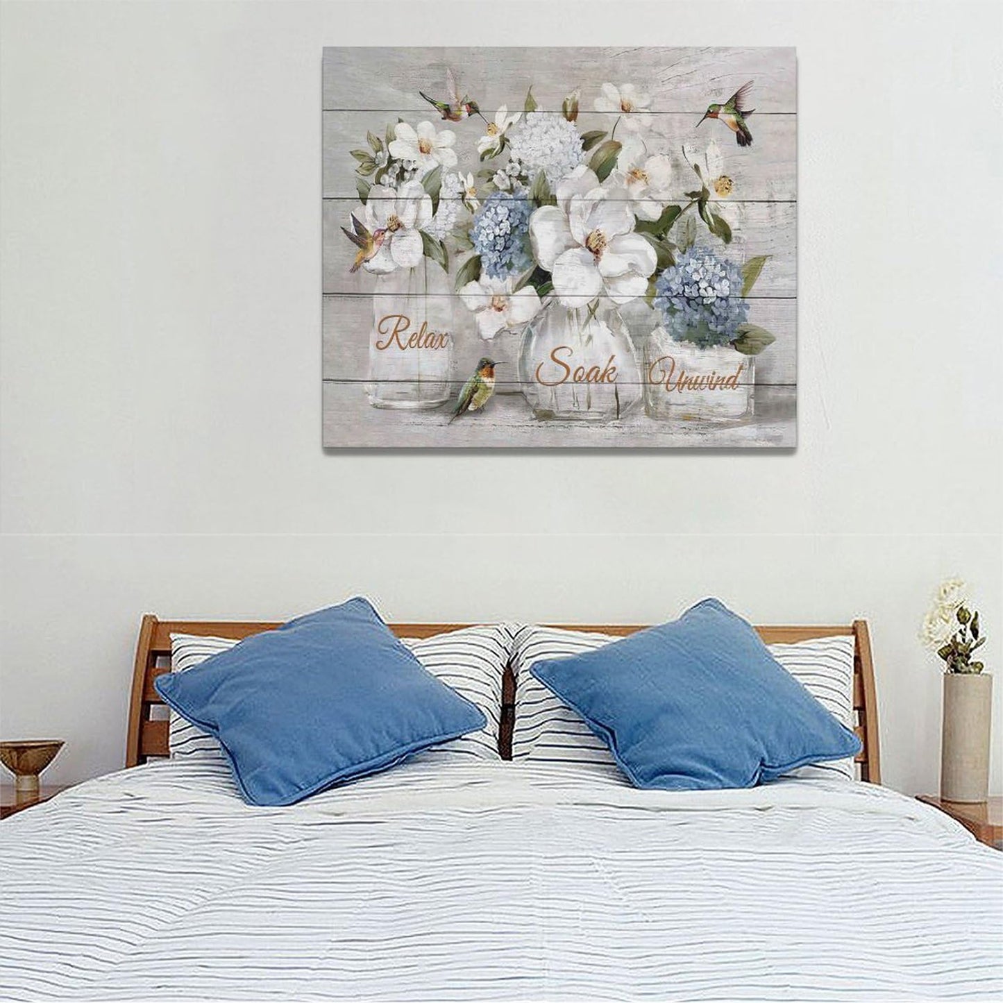 Farmhouse Flower Bathroom Decor Wall Art Rustic Hummingbird White Floral Pictures Wall Decor Relax Soak Unwind Bathroom Sign Canvas Painting Prints Artwork Home Decorations Framed for Bedroom 24"x20"