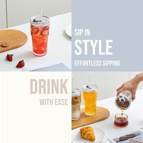 20oz Glass Tumblers with Lids and Straws, Set of 4 - Stylish Ribbed Design Drinking Glasses for Iced Coffee Cups, Juice, Smoothies, Cold Beverages, Includes Cleaning Brush, Durable Glassware