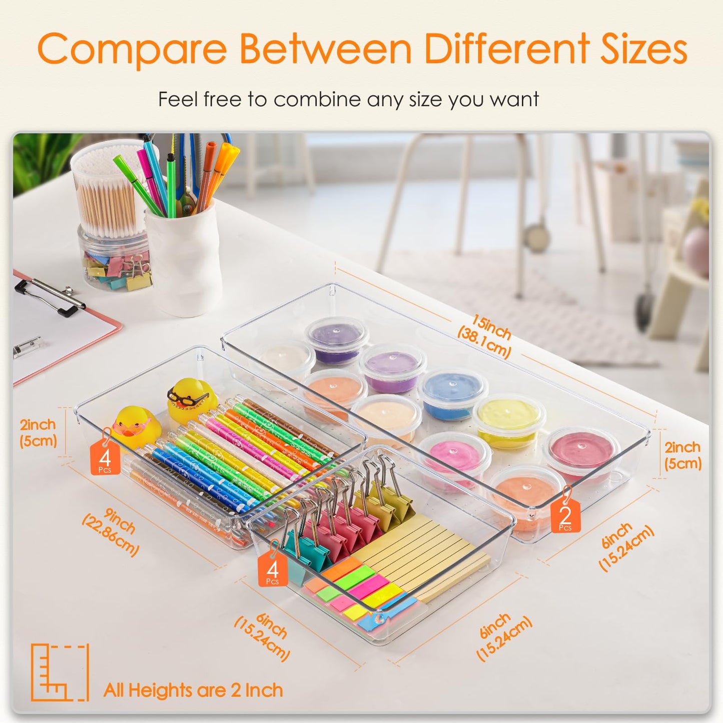 Criusia Clear Drawer Organizer 7 PCS - 5 Size Plastic Versatile Kitchen and Bathroom Organizer Trays, Non-Slip Storage Bins for Makeup, Utensils, Tool and Office Desk