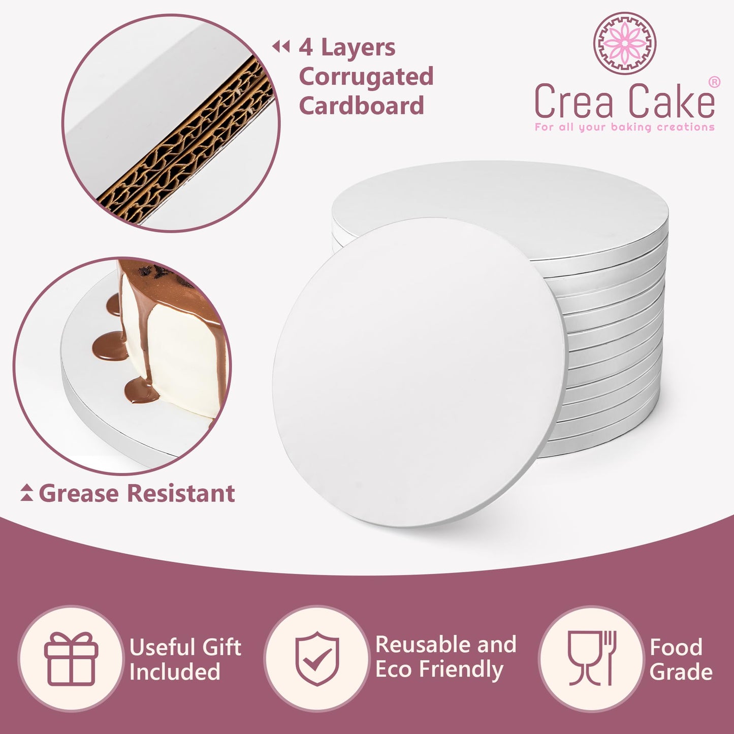 Crea Cake - 12 Pack Cake Drums 10 Inch Round & Free Large Cake Scraper - Premium Boards ½ Inch Thick, Food-Grade & Greaseproof Base para Pastel, Sturdy Cardboard for Professional Wedding Display, Glossy White