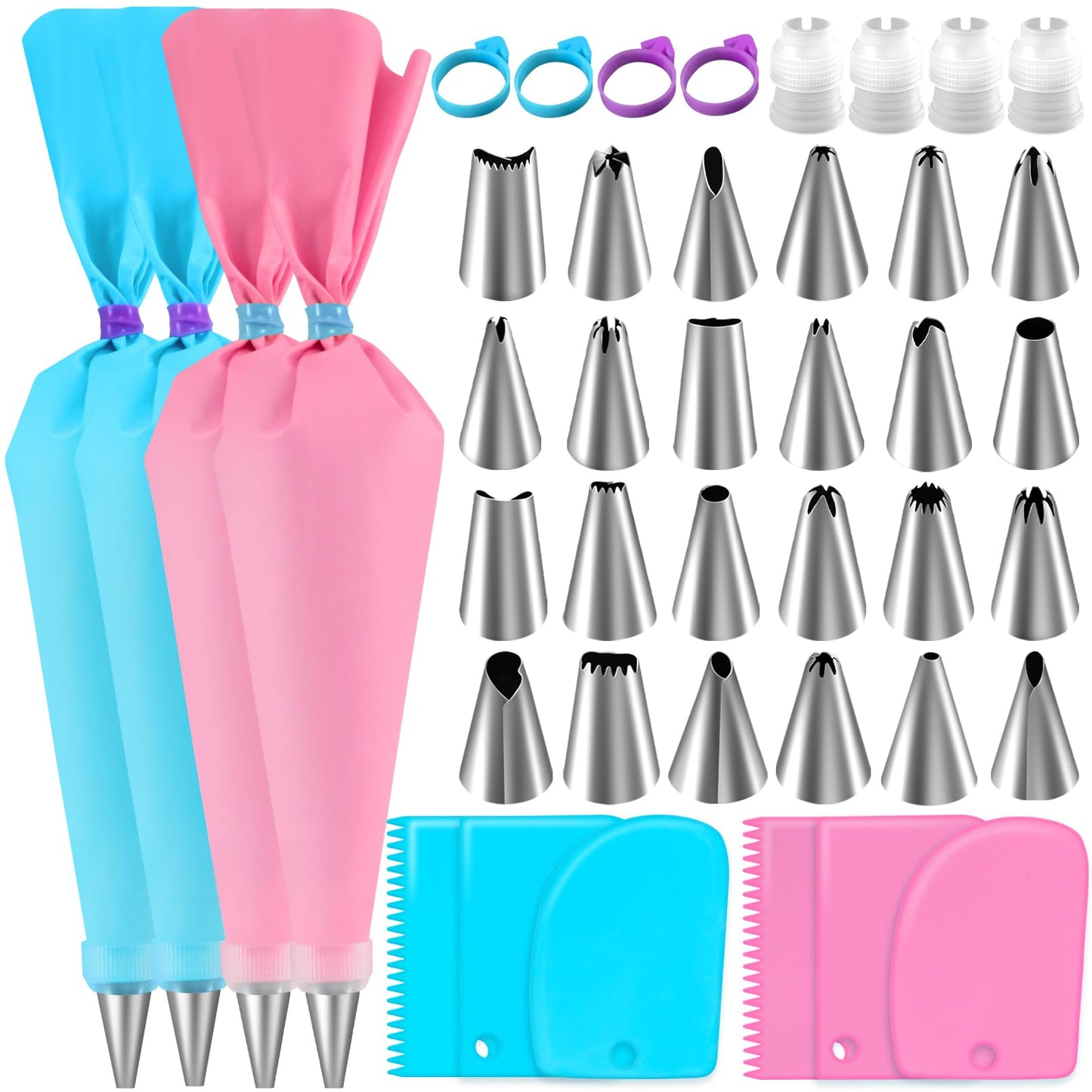 lonllidin Piping Bag and Tips Set,Reusable Pastry Bag,Baking Piping Set,Including 24 Piping Tips,4 Piping Bags,4 Couplers,4 Bag Ties and 6 Cake Scrapers for Baking Cake Decorating