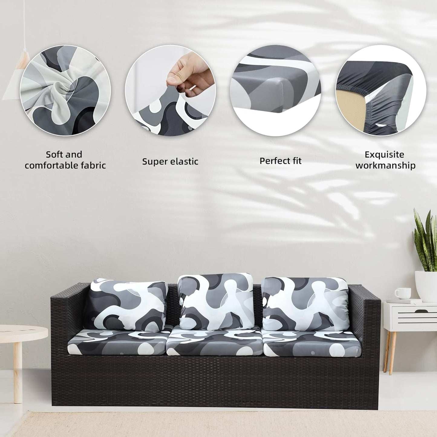Skiennix 8-Piece Stretch Patio Cushion Covers - Washable Black Camouflage Slipcovers for Outdoor Furniture