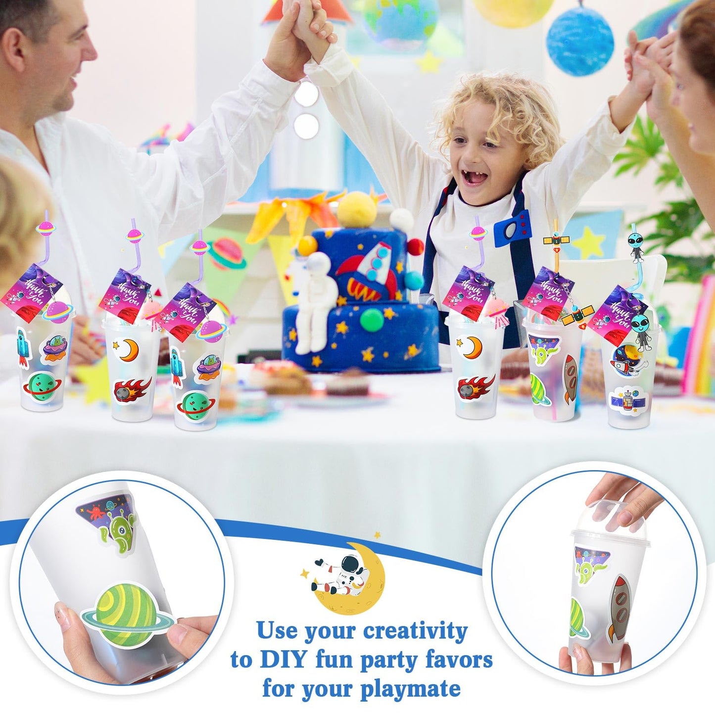 Syhood 211 Pcs Space Party Favors with Gift Cup Space Tattoos Slap Bracelet Astronaut Straw Pendants Badges Stamp Keychains Bouncy Ball Thank You Cards for Space Galaxy Kid Birthday Party Supplies