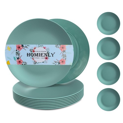 Homienly Flat Dinner Plates Set of 8 Alternative for Plastic Plates Microwave and Dishwasher Safe Wheat Straw Plates for Kitchen Unbreakable Kids Plates(Green,9 inch)