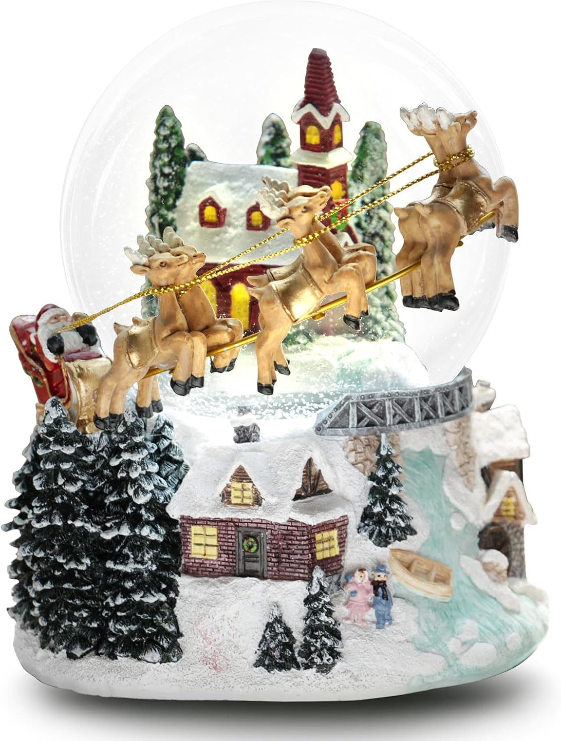 Skiennix 7'' Christmas Snow Globe - Light-Up Musical Decoration with Santa Sleigh & Reindeer