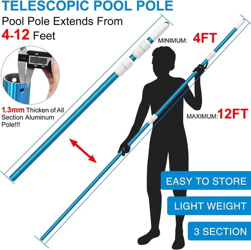 CKE 12 Feet Telescoping Pool Pole - Durable 1.3mm Blue Aluminum, Adjustable 3-Piece Design | Universal Fit for Skimmer Nets & Brushes
