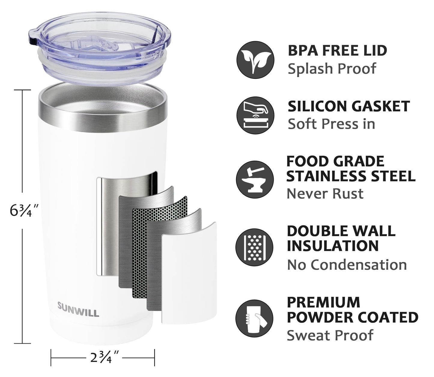 SUNWILL Travel Coffee Tumbler 20 oz, Insulated Mug with Lid, Stainless Steel Cup for Hot and Cold Drinks, Powder Coated White