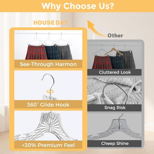HOUSE DAY Clear Plastic Pants Hangers - 12 Pack Non-Slip Skirt Hangers with Adjustable Clips & 360° Swivel Hook