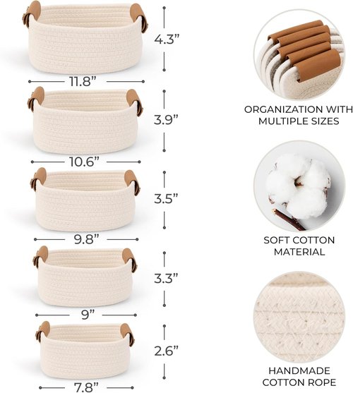 Beautiful Storage Basket Set of 5 - Sturdy Cotton Rope Baskets for Home Organization | Perfect for Nursery & Bedroom Decor
