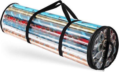 Hearth & Harbor Wrapping Paper Storage Container - Clear Holder for 14 Rolls | Tear-Proof Gift Organizer