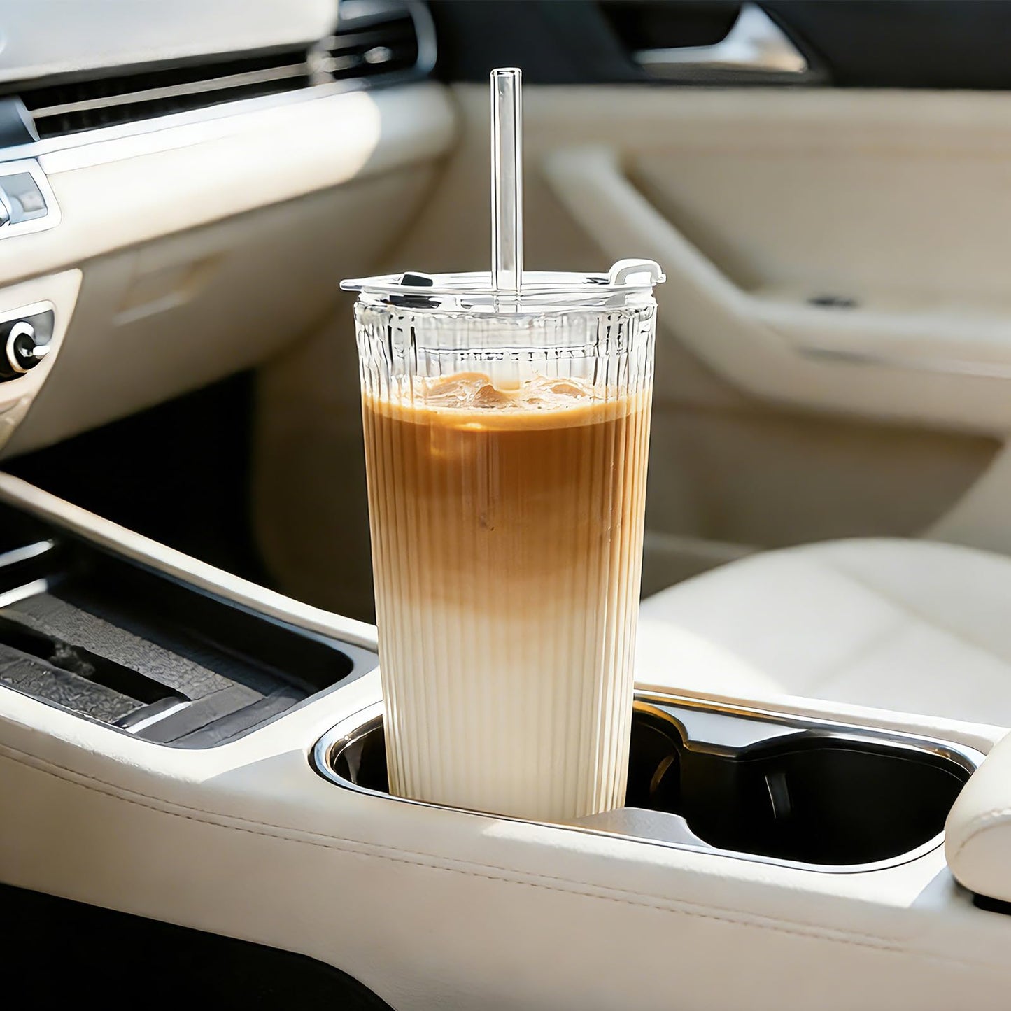SoulTimes 16oz Ribbed Glass Tumbler with Lid and Glass Straw – Set of 4 Glass Cups with Lids and Straws for Coffee, Smoothies, Cocktails and More, Reusable Iced Coffee Cups for Daily Use and Travel