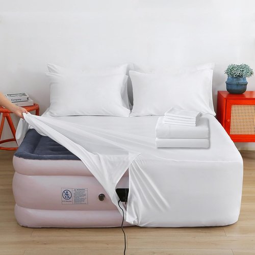 Air Mattress Sheet Set - Queen Size 6-Piece Deep Pocket Sheets for 16-24 Inch Air Beds | Easy Inflate Access, White