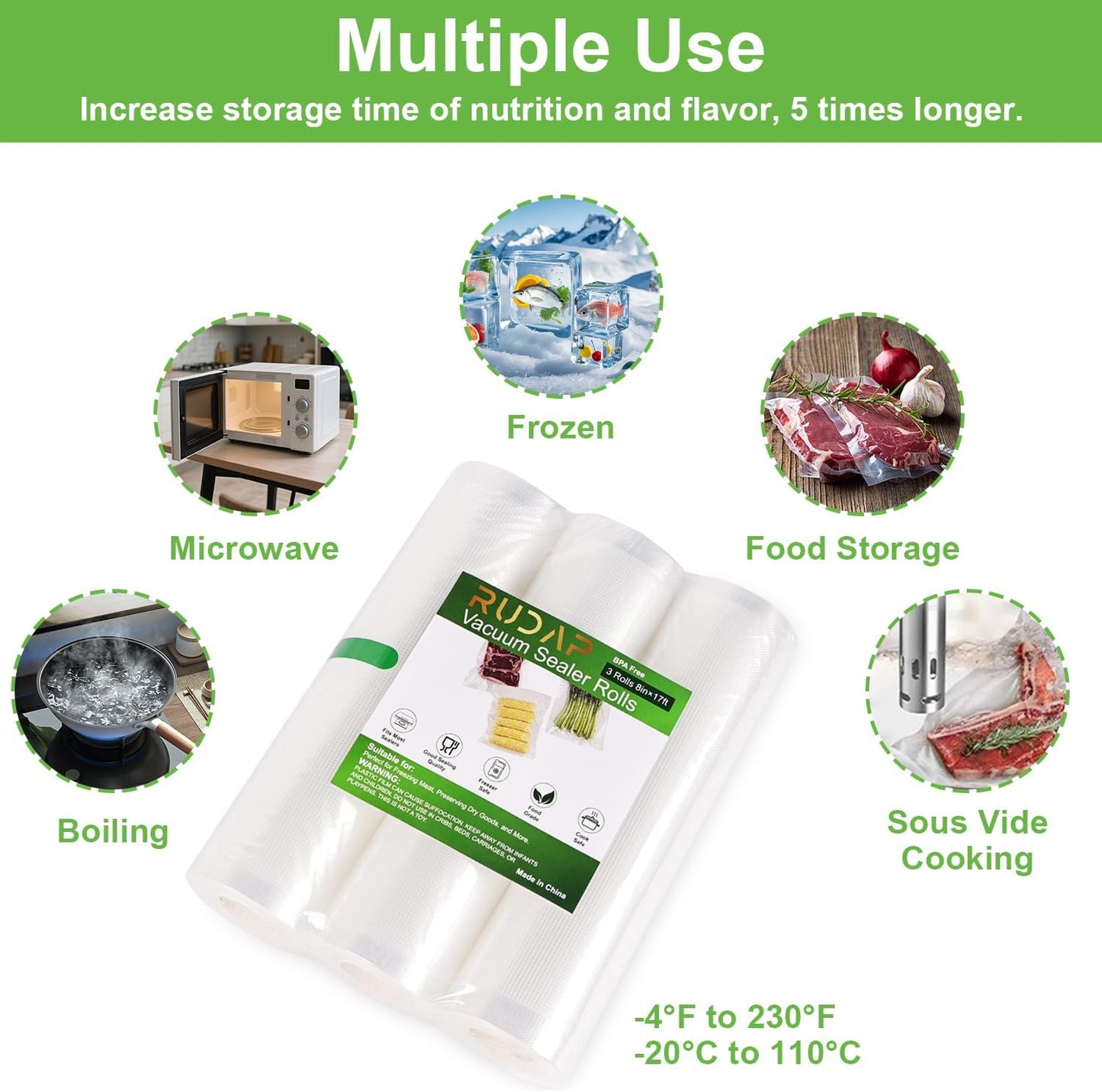 Skiennix Vacuum Sealer Bags - Heavy Duty BPA-Free 3 Rolls 8" x 16' for Food Storage & Meal Prep