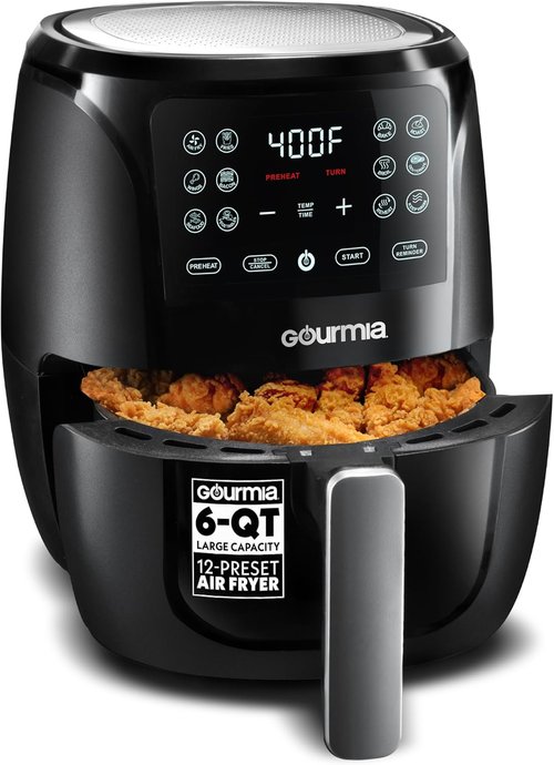 Gourmia Air Fryer - 6 Qt Large Capacity with FryForce 360º | Digital Display & 12 Cooking Presets, Black
