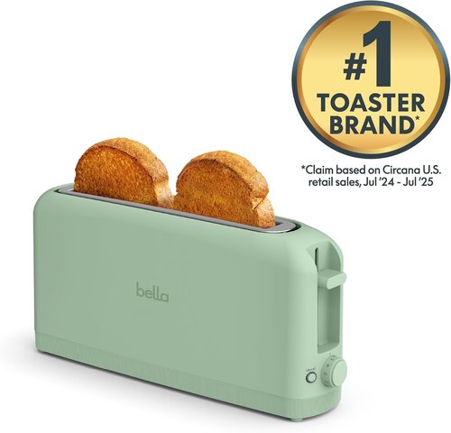 Bella 2 Slice Slim Toaster - 6 Shade Settings with Reheat & Cancel | Fits Sourdough, 10” Long Slot, Seaglass