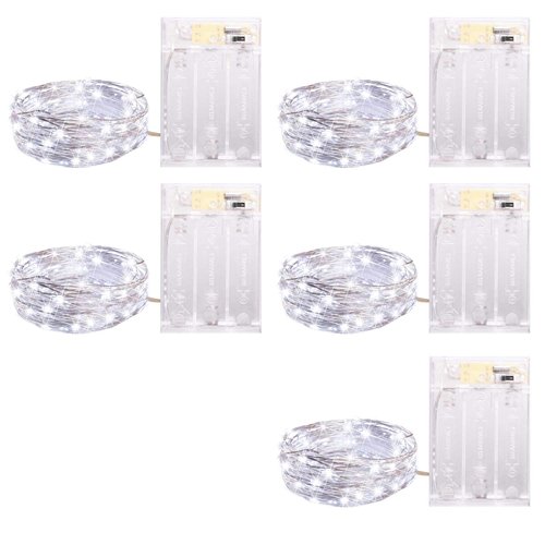 5 Pack Fairy Lights Battery Operated, 7 Feet 20 Led String Lights with Timer, Waterproof Firefly Lights on Silver Wire for Home Party Wedding Christmas Decorations, 6 Hours on/18 Hours Off, Pure White