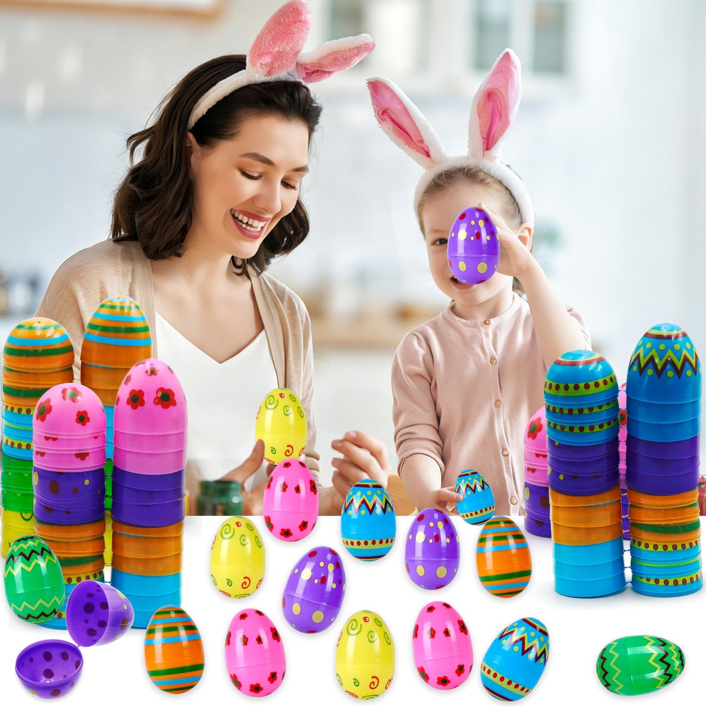 ZICZLI 48 PCS 3" Large Printed Plastic Easter Eggs, Empty Fillable Bright Colorful Eggs Bulk for Easter Egg Hunt Filling Treats Basket Stuffers Easter Party Favors