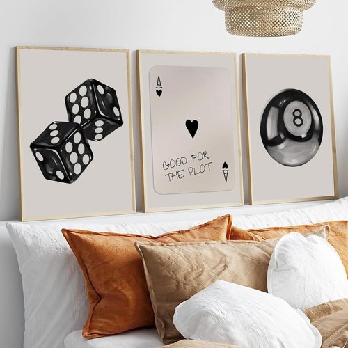 BOKPEN Black and White Poker Dice Wall Art - Retro Y2K Canvas Prints for Game Room | 12x16in Unframed